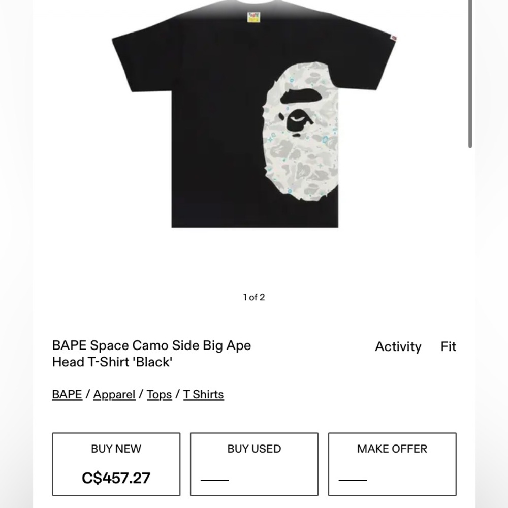 Bape Black Tee with White Space Camo Big Ape Head
